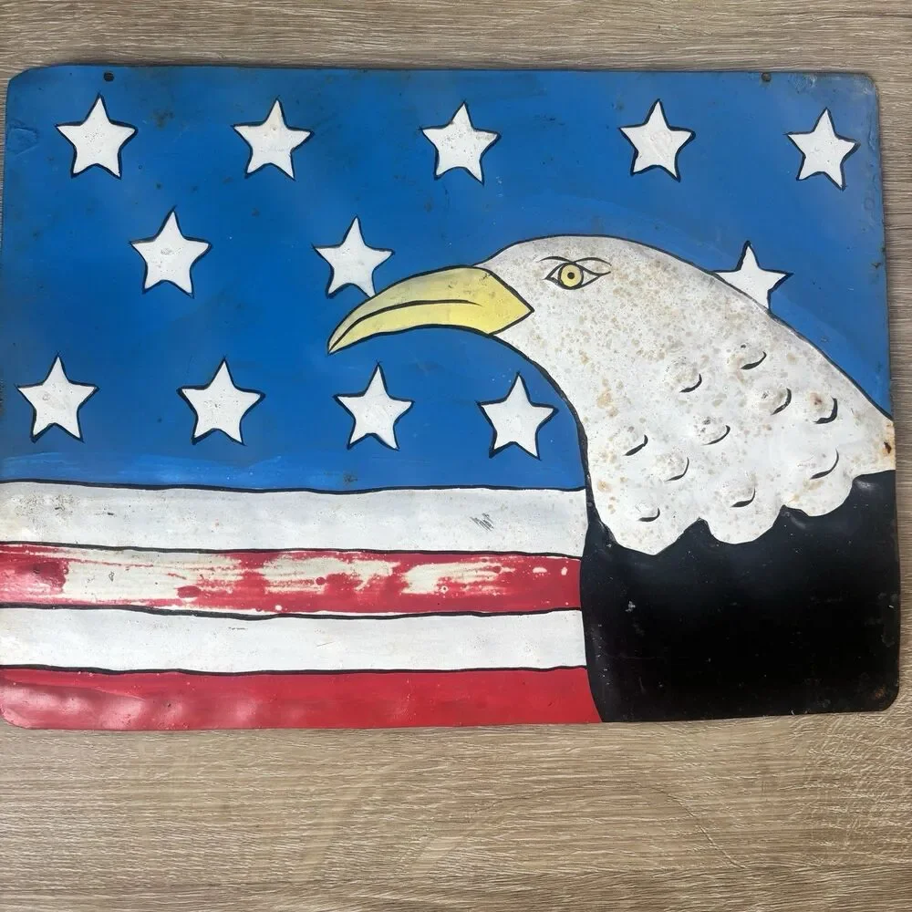Hand Painted Metal American Flag Bald Eagle Sign Folk Art Wall Decor 10